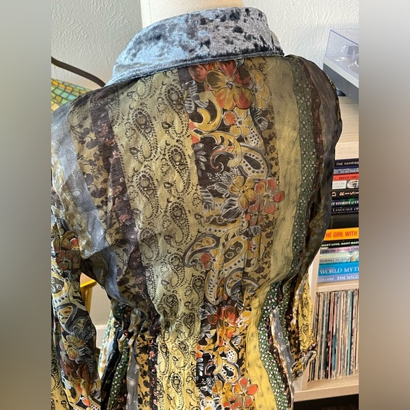 Aratta Patchwork Veltvet Collar Button Down Long Sleeve Midi Dress - Picture 5 of 6